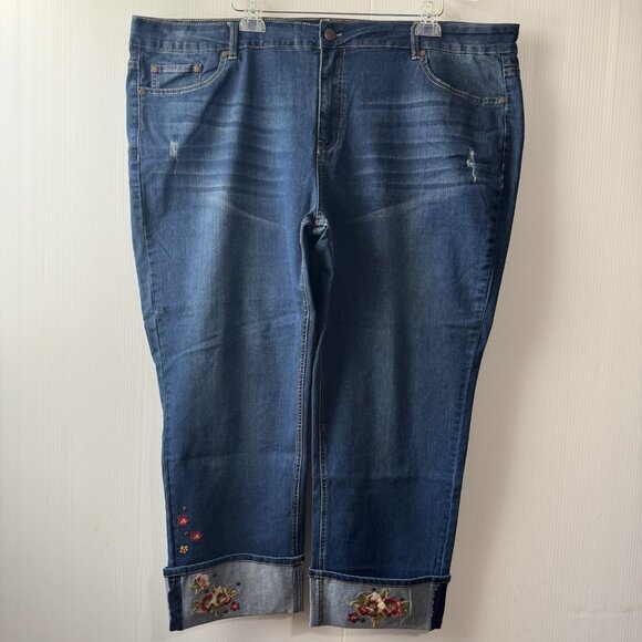 NEW Avenue Women’s Ankle Jeans Blue Plus Sz 26 High Rise Floral Embroidered - Picture 1 of 13